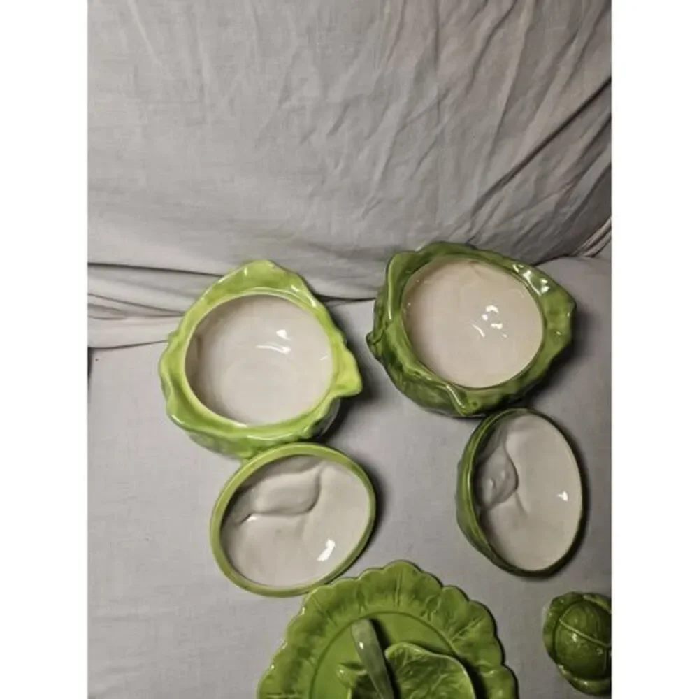 Vintage 1956 Holland Mold 9 Peice Green Cabbage Lettuce Ware Set 2 Tureen Spoon